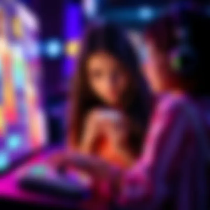 A girl playing a video game that features fashion and romance elements, surrounded by colorful graphics