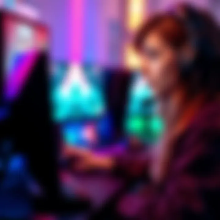 A girl gamer wearing a headset sits in front of a gaming setup, focused on the screen, showcasing her skills and engagement in the gaming community.