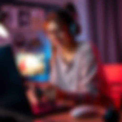 A young girl gamer prepares her gaming setup with a laptop and controller, excited to start her YouTube journey