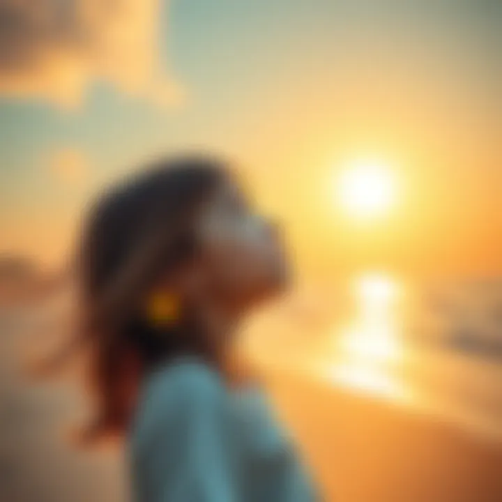 A girl with long hair gazes up at the sun, standing on a sunny shore, her expression curious and contemplative.