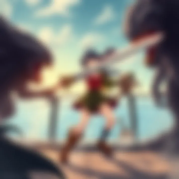 A teenage girl wielding a large sword battles dark tar-like monsters in an urban environment with a sea view in the background.