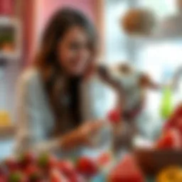 A woman happily preparing a fruit medley for her pet dog named Scrappy, surrounded by colorful fruits like strawberries and watermelon