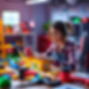 A woman focused on designing a house in a video game, with colorful blocks and tools around her