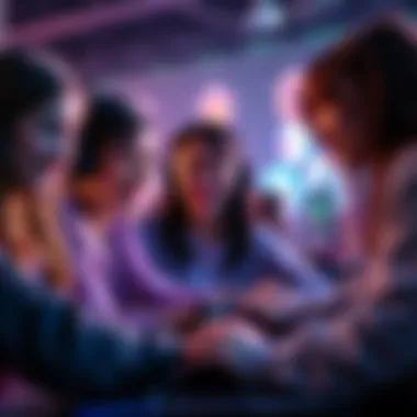 A group of girls playing video games together, smiling and coordinating their strategies
