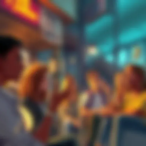 A scene depicting residents of Fabletown discussing glamour poverty, showing concerned faces and hands raised in conversation.