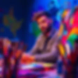 Artist Glaz working on a colorful art piece with paintbrushes and vibrant colors around him