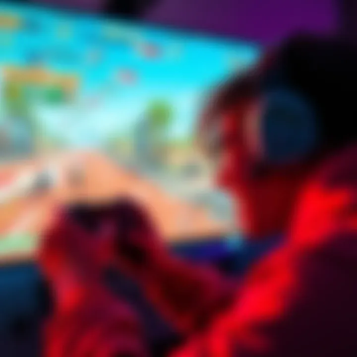 Glitch in Gaming A player experiences a glitch in a video game, showing distorted graphics and gameplay effects on the screen, with an excited expression