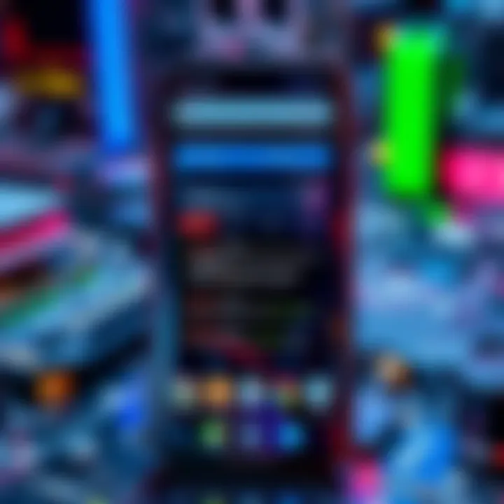 A smartphone displaying a glitchy Android app interface, highlighting errors and bugs while impressive hardware is visible in the background.