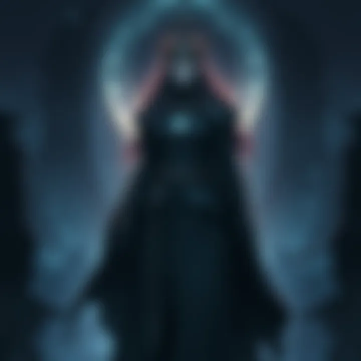 Gloam Eyed Queen in Elden Ring The Gloam Eyed Queen stands in a dark, mystical landscape, surrounded by shadows and ethereal light, with a confident pose and intriguing gaze, hinting at her connection to Melina and Marika.
