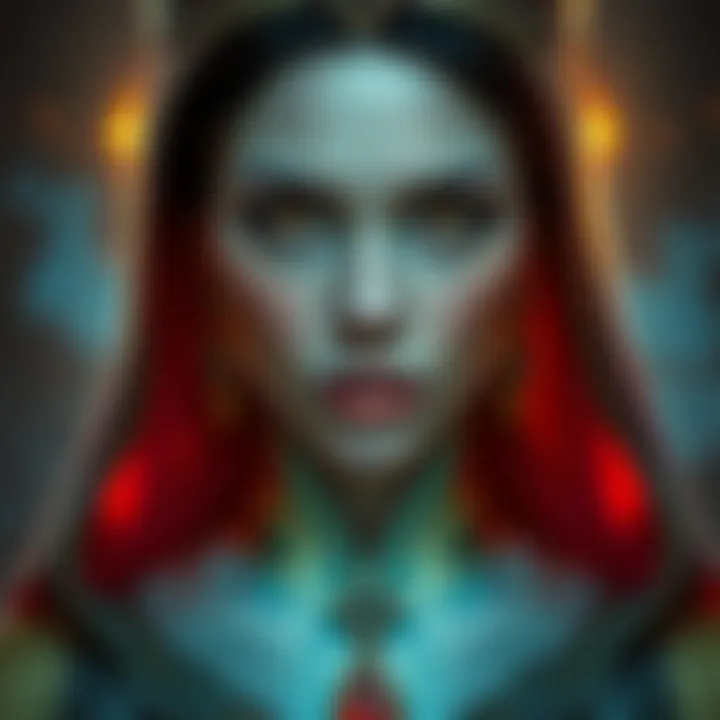 A regal woman with striking, deep-set eyes reflecting a mystical aura, adorned in elegant robes, surrounded by artistic elements.