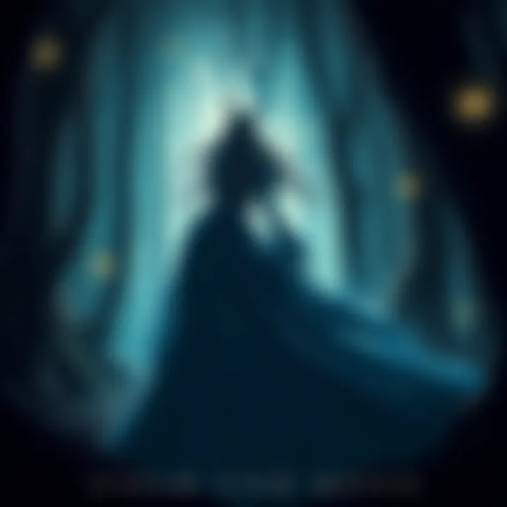 A dark, enchanted forest with a mysterious queen in a flowing gown, surrounded by glowing eyes in the shadows.