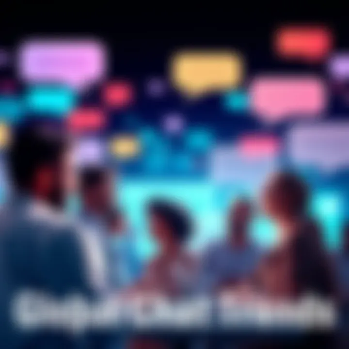 A visual representation of diverse people chatting online across different social media platforms, showcasing various speech bubbles and digital interactions.