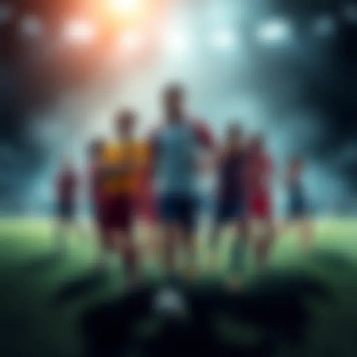 A diverse group of athletes from different regions including North America, South America, and MENA, uniting on a sports field to symbolize collaboration and competition against European teams.