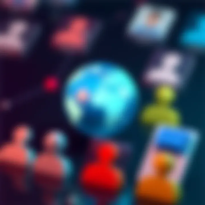 A digital illustration of a globe icon highlighted next to several user account icons, symbolizing global connections and interactions among people.