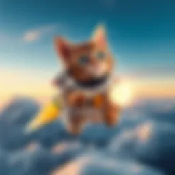 A playful cat wearing a bright jetpack soaring through the sky, ready for fun adventures.