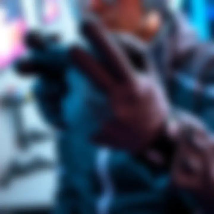 A person wearing gloves while holding a Steam Deck with JSAUX thumb grips, showing black stains on their thumbs after gaming.