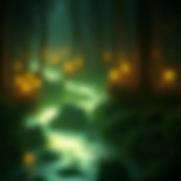 A glowing stream flowing through a dark forest, surrounded by unusual plants and strange lights.
