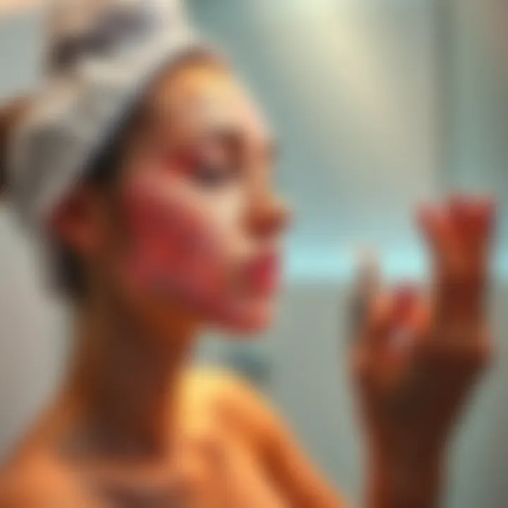 A person applying a skincare product with a radiant glow on their skin in a well-lit bathroom setting.