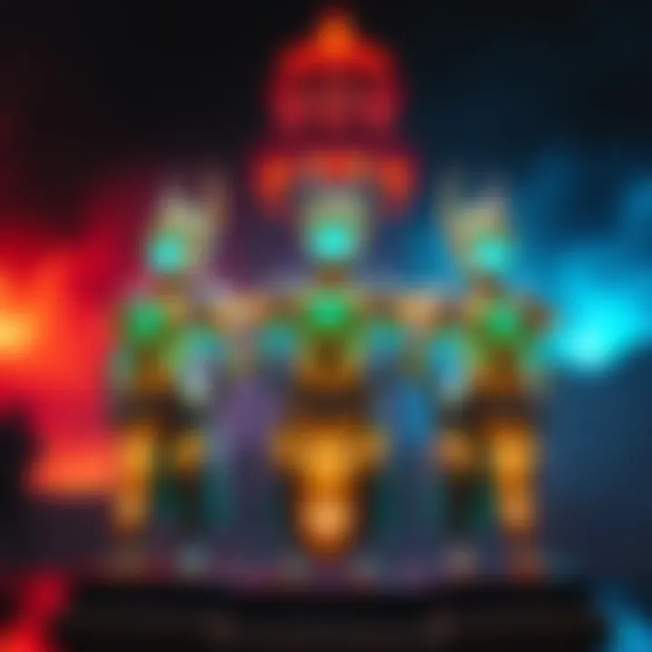 Glowing Trials Armor on Display A set of glowing Trials armor showcased with a vibrant glow effect, symbolizing achievement after reaching the lighthouse, with a blurred background of a victory scene.