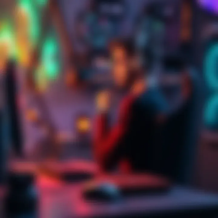 A gamer sitting at their desk, contemplating the choice between playing GMDX and Deus Ex Revision, surrounded by gaming paraphernalia.