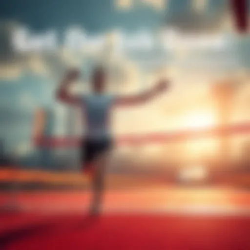 A determined individual crossing a finish line, celebrating a successful goal achievement