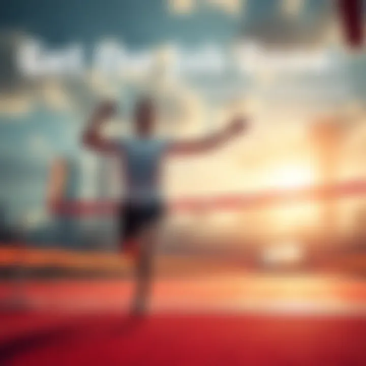 A determined individual crossing a finish line, celebrating a successful goal achievement