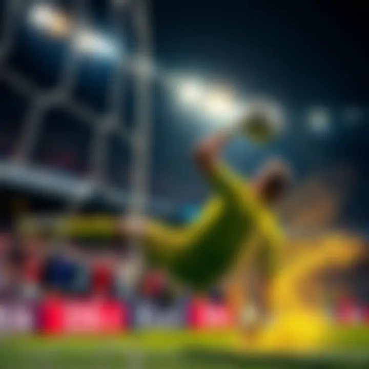 A goalkeeper diving to block a soccer ball, showing intense focus and athleticism, while fans cheer in the background.