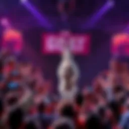 A crowd of excited fans gathers as the legendary GOAT walks onto the stage, celebrating the moment with cheers and banners.