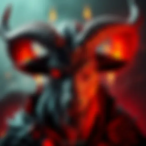 A Failed Arisen morphing into a goat-like demon, with horns and fiery eyes, surrounded by a mystical aura.