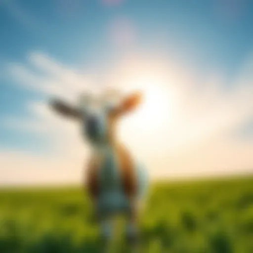 A joyful goat standing in a green field under a bright morning sky, symbolizing a delightful surprise that brightens the day.
