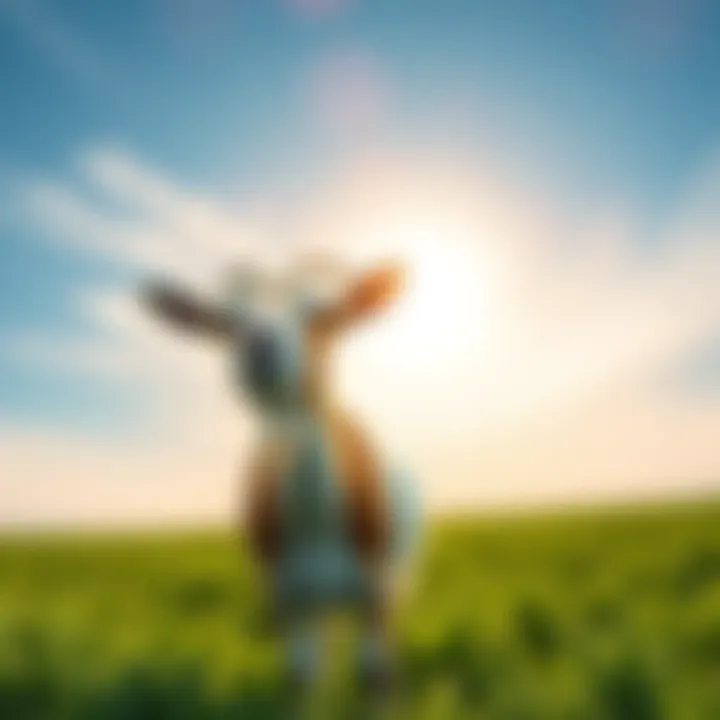 A joyful goat standing in a green field under a bright morning sky, symbolizing a delightful surprise that brightens the day.