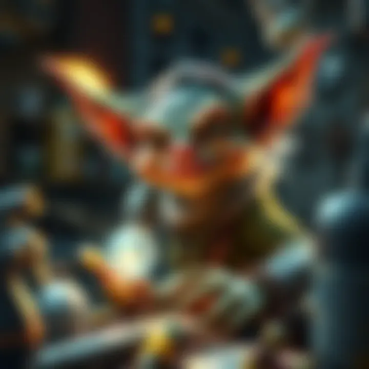 Goblin Artificer with Tools A playful goblin artificer surrounded by shiny gadgets and tools, smiling mischievously as he works on a new invention.