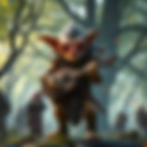 A goblin bard playing a lute, standing in front of a small party of adventurers, with a lively forest background.