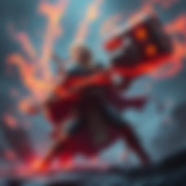 A warrior wielding a large hammer, surrounded by vibrant energy, ready for battle in a fantasy setting.