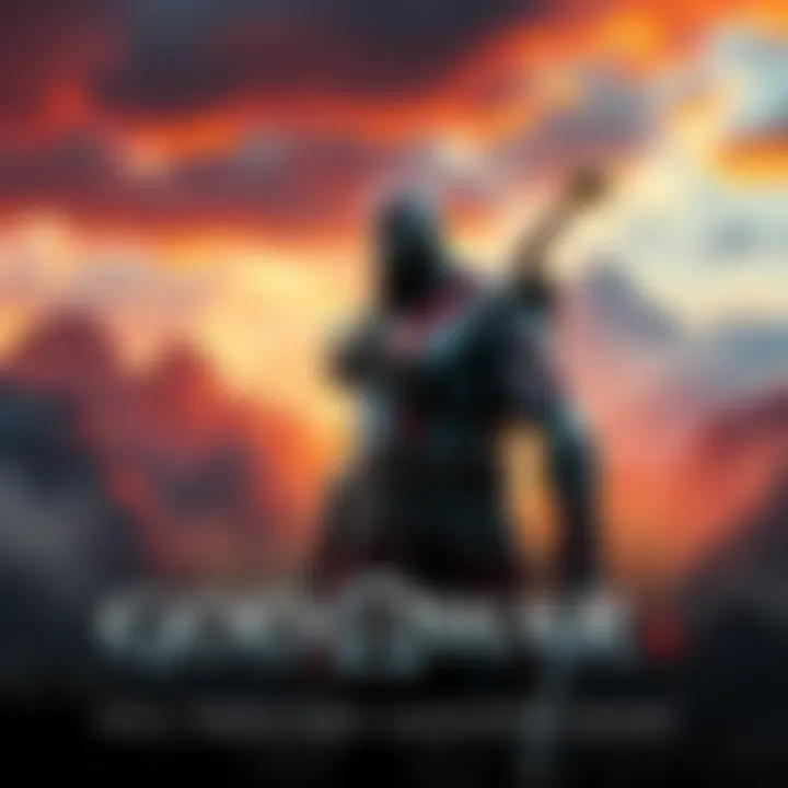 Concept art showing a warrior resembling Kratos in a mythical setting with dramatic landscapes