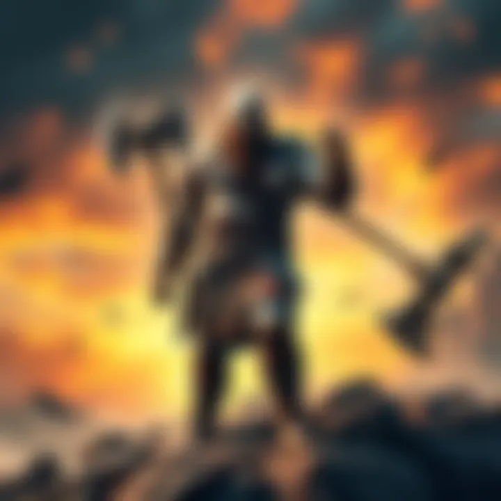 A powerful warrior with a beard, wielding a large axe, standing on a rocky terrain. The background features a dramatic sky and hints of fantasy elements.