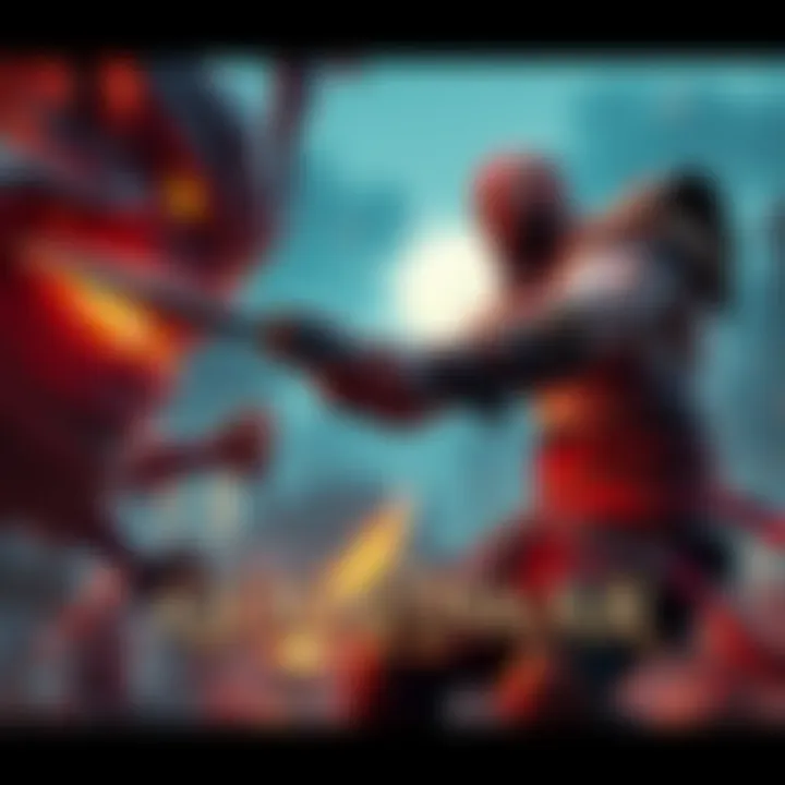 A dynamic scene of the main character from God of War wielding a weapon against a powerful enemy in a vibrant, detailed environment.