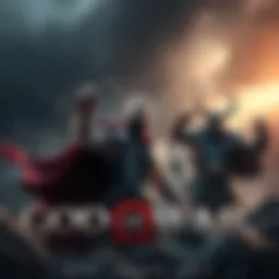 A fierce depiction of Thor wielding his hammer, next to Odin and mythical giants in a dark, stormy setting.