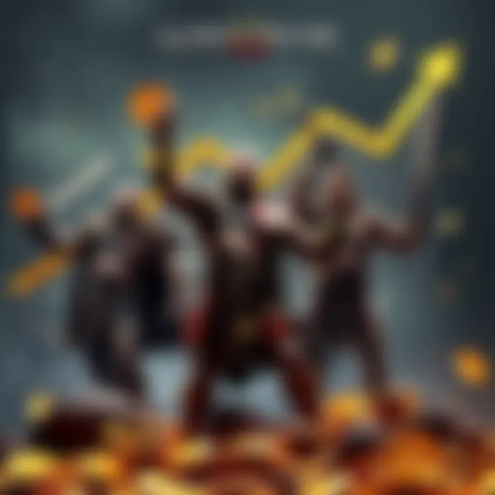 God of War Franchise Revenue Artwork of God of War characters standing triumphantly with golden coins and a revenue chart behind them