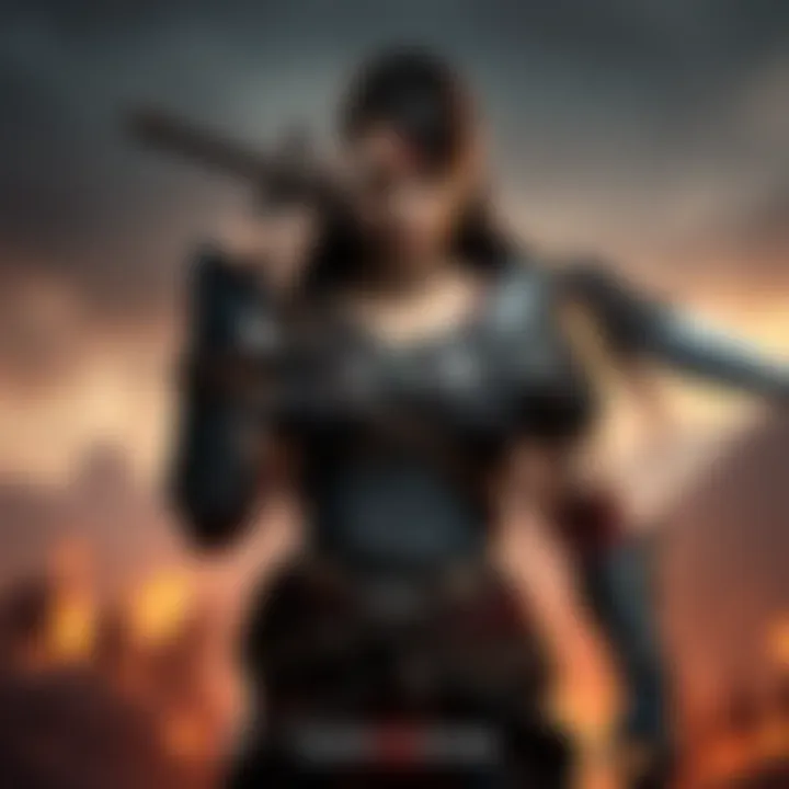 A fierce female character stands confidently, holding a weapon, with a backdrop that hints at a fantasy world.