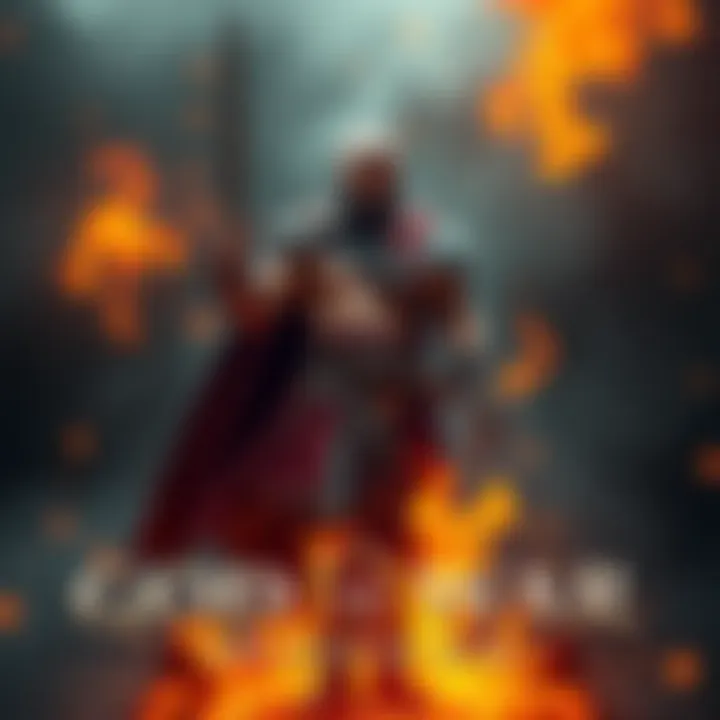 A fierce warrior holding a sword, standing in a dramatic pose surrounded by flames, representing strength and power.