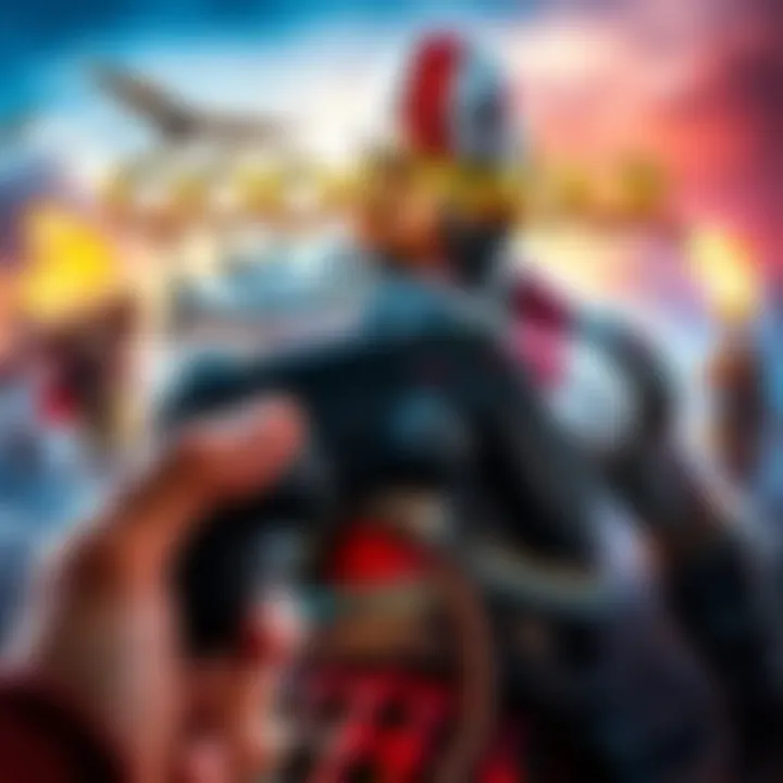 A gamer holding a controller with a background featuring iconic scenes from the God of War series, showcasing the main character Kratos in action