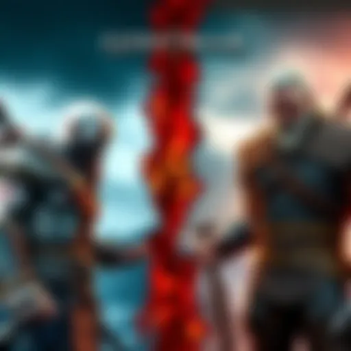 A comparison scene showing Kratos from God of War and Geralt from The Witcher 3, showcasing their unique styles and weapons in a gaming environment.