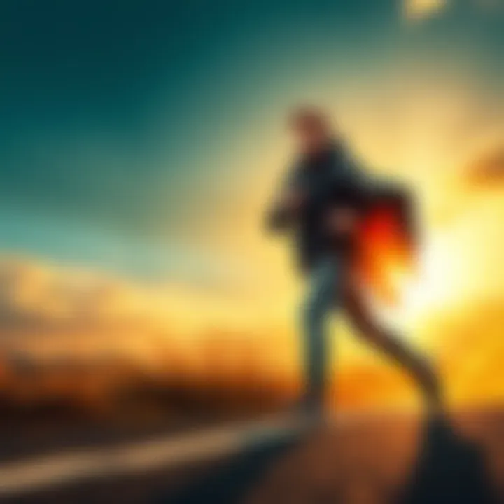 Godfrey confidently strides forward, symbolizing determination and a focus on success, with a backdrop of a sunrise to signify new opportunities.