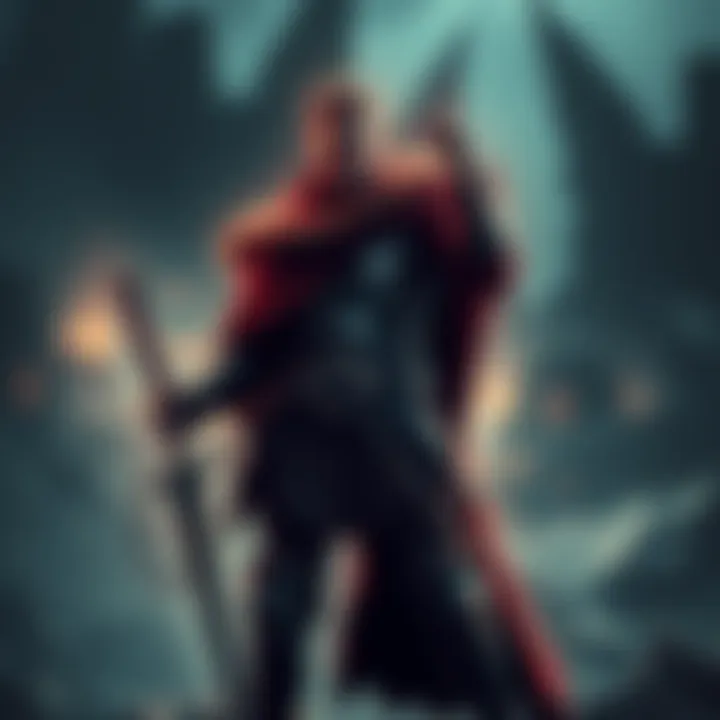 Godfrey Standing Strong Godfrey, a powerful warrior, stands confidently in a battle-ready pose, showcasing his unique strength against the backdrop of a dark, ominous landscape, symbolizing his immunity to destined death.