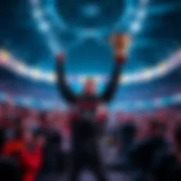 Godgamer stands triumphantly with a trophy, surrounded by cheering fans in an esports arena.