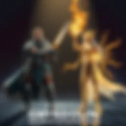 Godrick and Gwyndolin Preparing for Battle Godrick, a strong warrior with armor wielding a sword stands on one side, while Gwyndolin, a mystical figure with glowing magic energy, stands on the other, ready for confrontation.