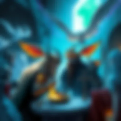 Illustration of various deities interacting with players in a tabletop role-playing game setting