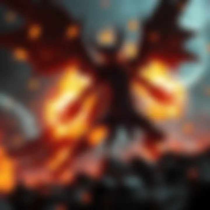 A scene showing the Godskin Duo attacking with black flames in a dramatic fight against an opponent.