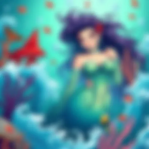 An illustration of Godwyn transformed into a mermaid, surrounded by ocean waves and colorful sea life.